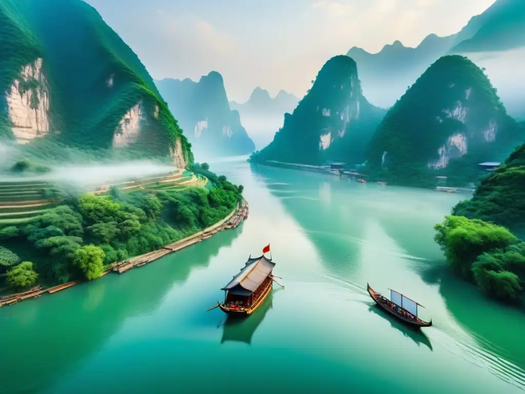 Yangtsé majestuoso: barco chino surca paisaje verde Un viaje sereno y majestuoso en un crucero por el Río Yangtsé, rodeado de paisajes chinos exuberantes