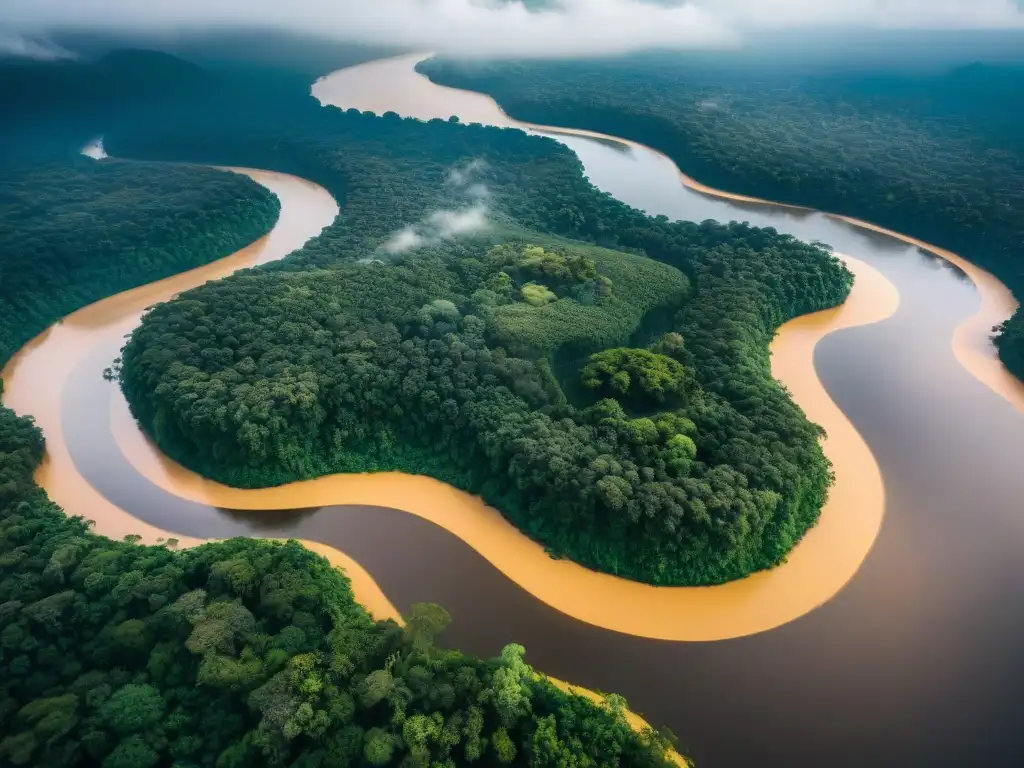 Amazonas: Majestuosidad verde desde arriba Un viaje visual por los ríos enigmáticos del mundo: el majestuoso Amazonas serpenteando entre exuberante vegetación desde arriba
