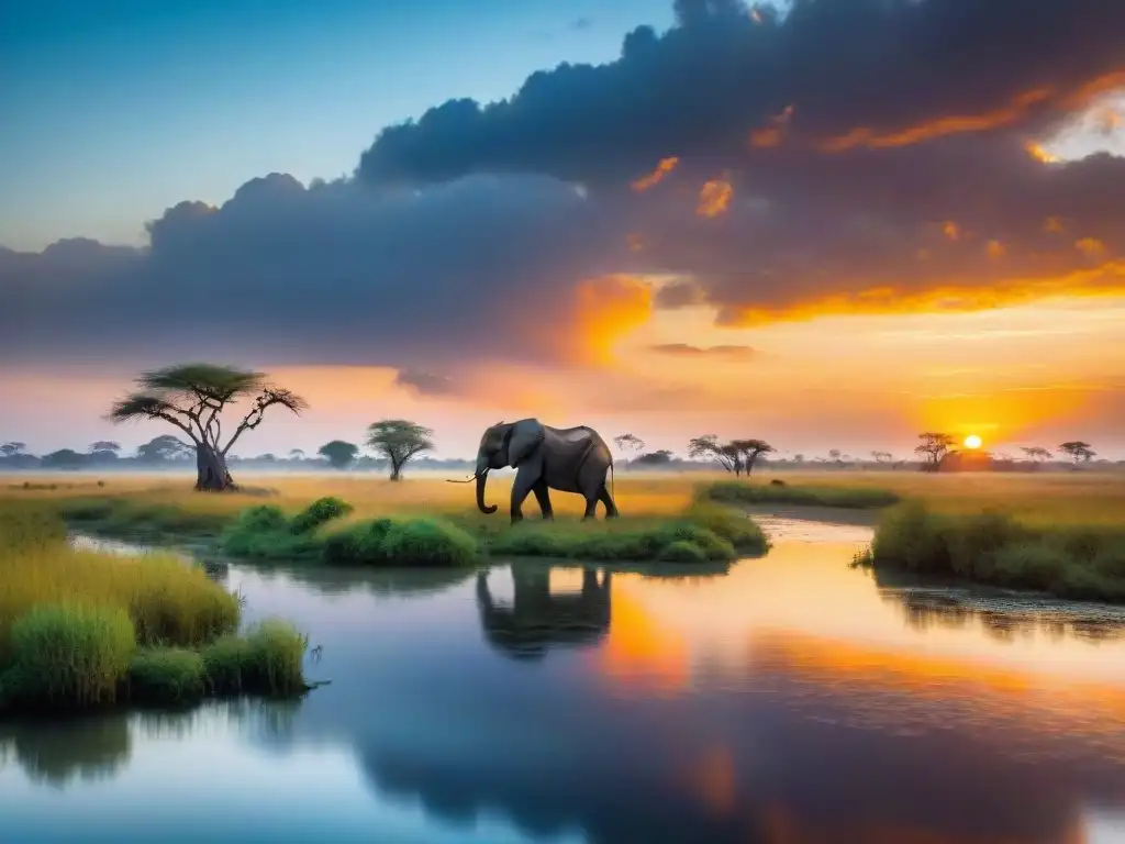 Espectacular atardecer en el Delta del Okavango con vida silvestre Vibrante atardecer en el Delta del Okavango con siluetas de elefantes, hipopótamos y aves reflejadas en el agua tranquila