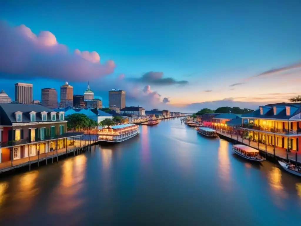 Magia nocturna en Nueva Orleans: Jazz, río Mississippi y arquitectura única Un vibrante atardecer en Nueva Orleans: el Río Misisipi, músicos de jazz y casas coloridas evocan los mitos culturales de la ciudad