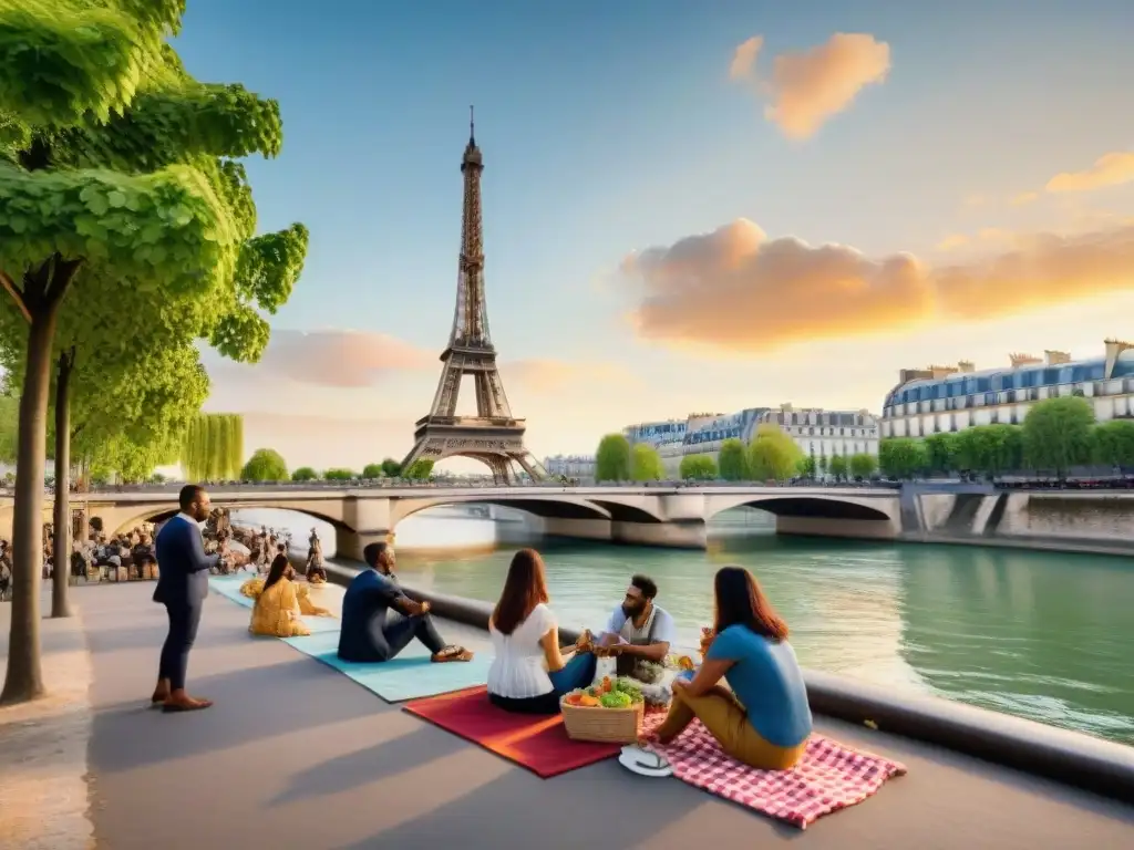 Armonía cultural en París: diversidad junto al río Sena Un vibrante y bullicioso paisaje urbano a lo largo del río Sena en París, Francia, muestra la integración de culturas y la planificación urbana