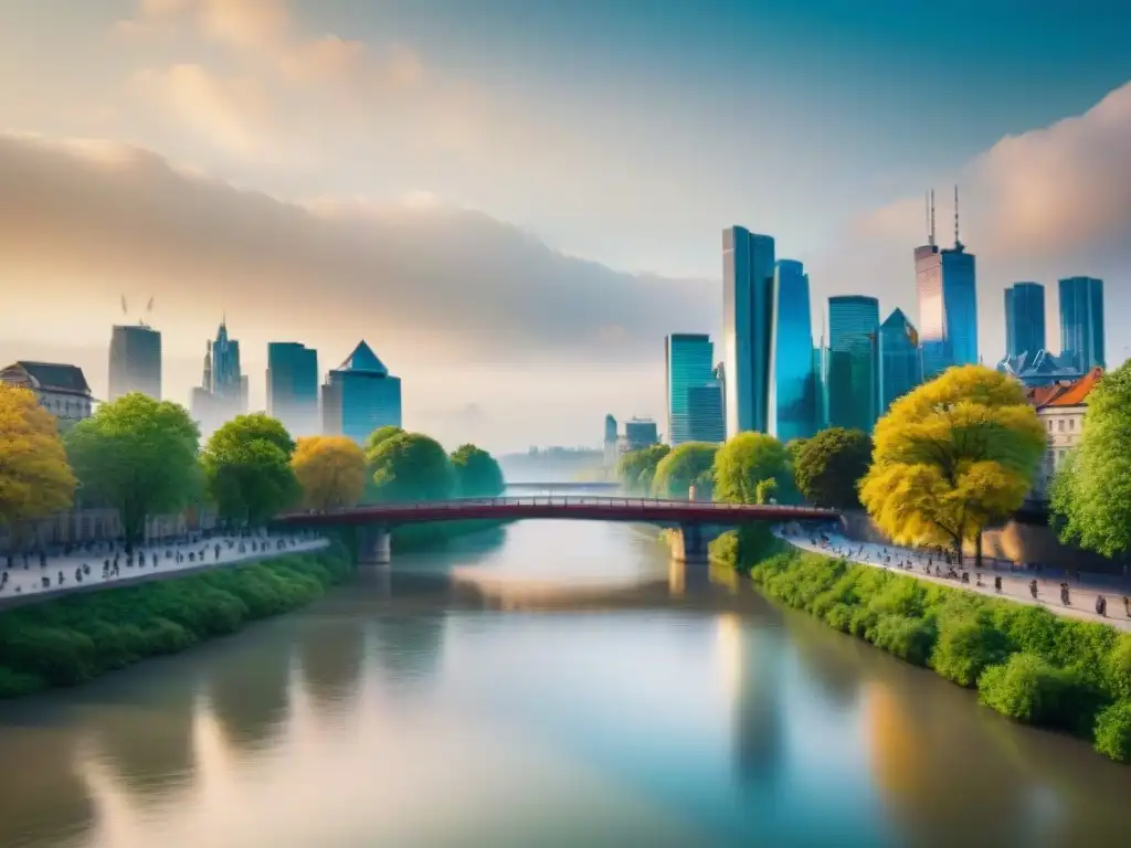 Paisaje urbano: fusión de modernidad y tradición en la ciudad Vibrante ciudad dividida por río: rascacielos modernos y edificios históricos, simbolizando integración cultural y planificación urbana