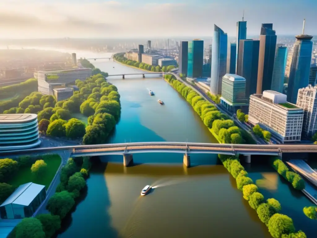 Río Vivo: Ciudad Moderna y Naturaleza en Armonía Vibrante ciudad con río emblemático, skyscrapers y barcos, fusionando modernidad y naturaleza