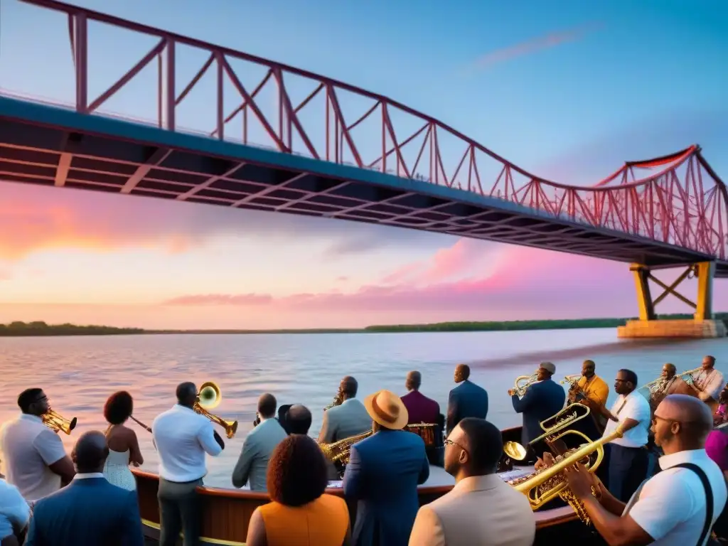 Jazz en el Mississippi: Vibrante música y paisajes al atardecer Un vibrante concierto de jazz en un crucero por el río Mississippi, con músicos apasionados y paisajes al atardecer