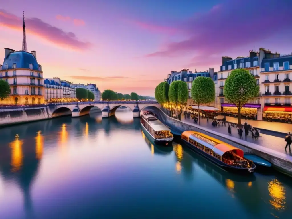Paisaje parisino al atardecer: historia y vida moderna a orillas del Sena Vibrante escena a orillas del río Sena en París al anochecer, fusionando historia y vida moderna