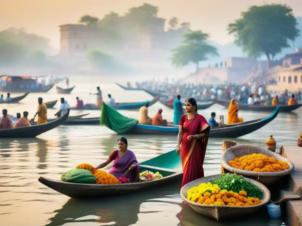 Vida en el Ganges: Mercado y Tradición en India Vibrante escena urbana en las orillas del Ganges: barcos, mercados y habitantes locales en armonía cultural