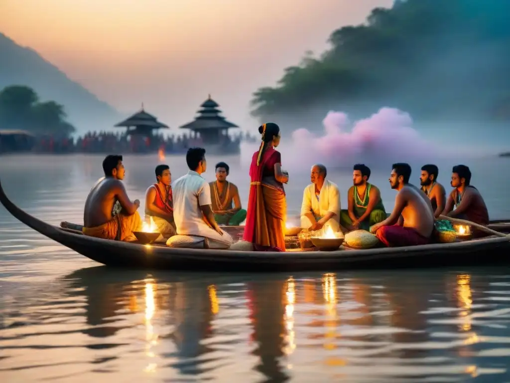 Ritual hindú junto al río Brahmaputra: caos y devoción Un vibrante escenario de adoradores y deidades en el río Brahmaputra