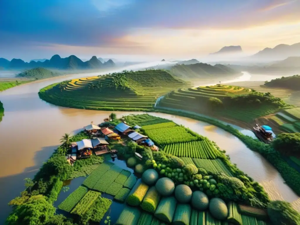 Mercado flotante en el río Mekong: vida y color Vibrante mercado flotante en el río Mekong, reflejando la vida local y el futuro del Mekong ante el cambio climático
