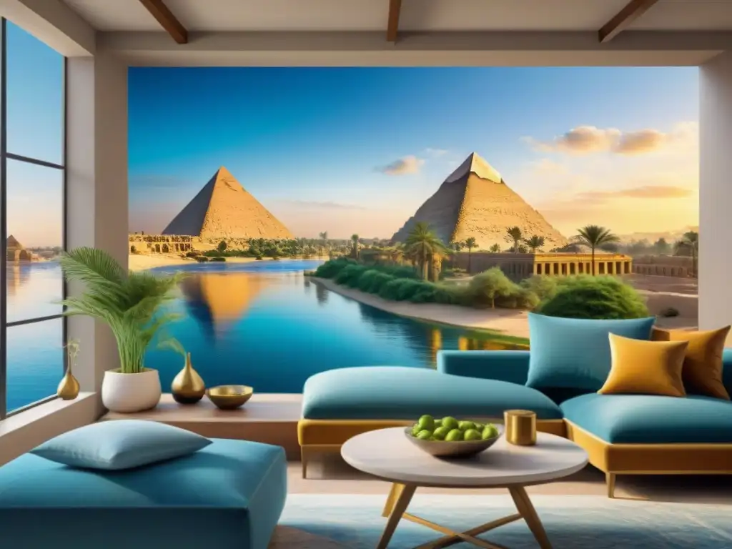 Un vibrante mural del Nilo en la antigua cultura egipcia: pirámides, mercados, templos y barcos en un paisaje lleno de historia y mitos