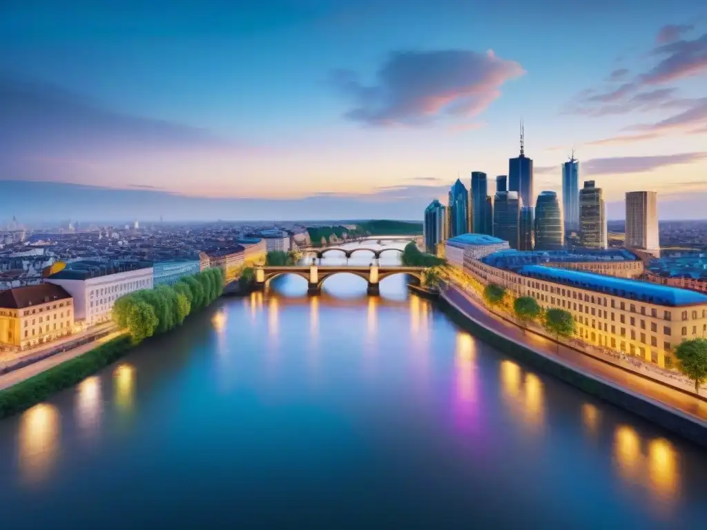 Vibrante ciudad al anochecer: luces y diversidad en el río Un vibrante paisaje urbano al atardecer con un río integrando culturas y la planificación urbana