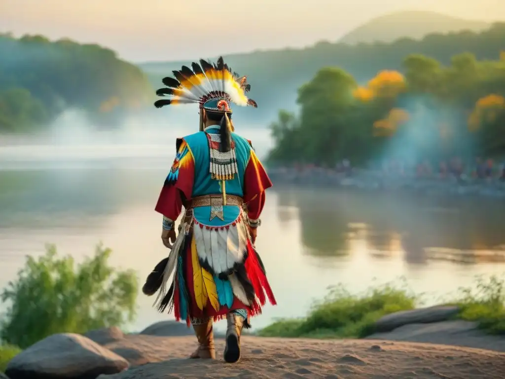 Colorido powwow nativo a orillas del Mississippi Un vibrante powwow de Culturas Nativas Americanas a lo largo del Misisipi, con danzas tradicionales y una hermosa puesta de sol