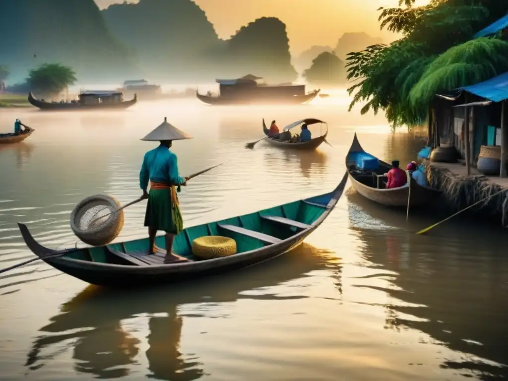 Vida ribereña en el río Mekong: escena detallada al atardecer Vibrante vida ribereña en el río Mekong al atardecer, reflejando la cotidianidad bajo el sol dorado