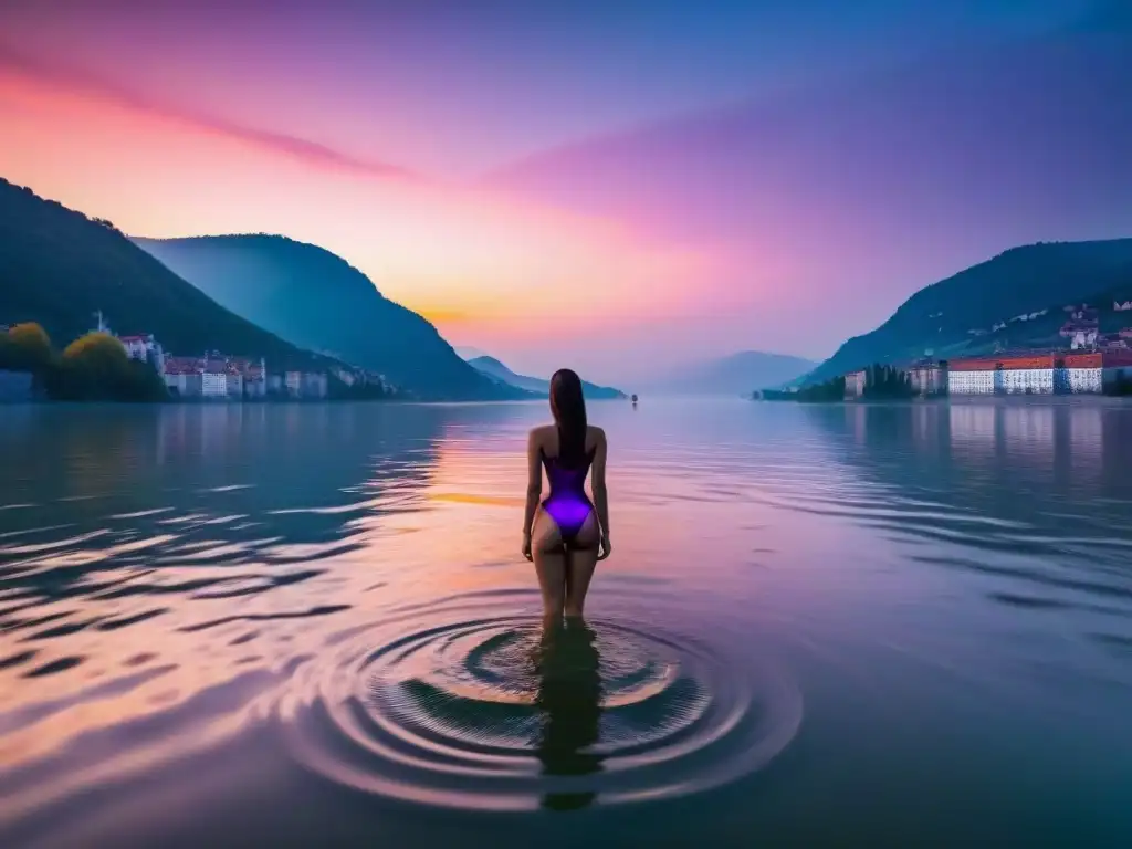 Encantadora ninfa del Danubio al atardecer Vibrantes colores del atardecer en el Danubio revelan a un ser sobrenatural, evocando misterio y magia en el río