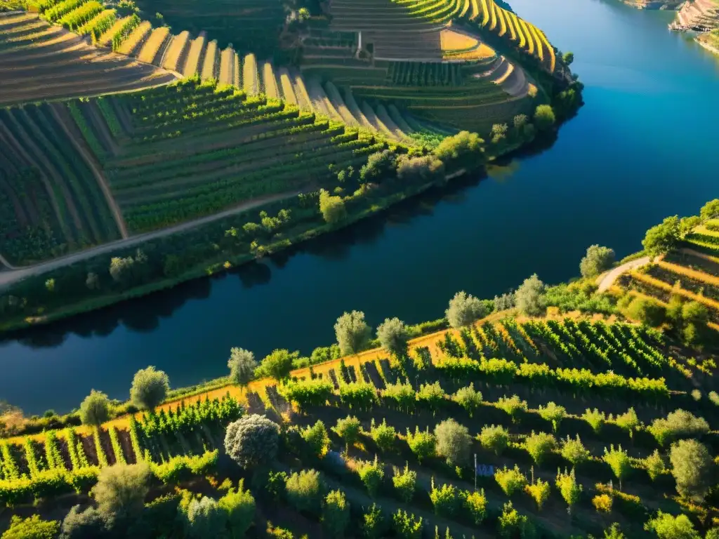 Viñedos en terrazas del Douro: atardecer dorado y tradición Vibrantes viñedos en terrazas del Douro, Portugal, al atardecer
