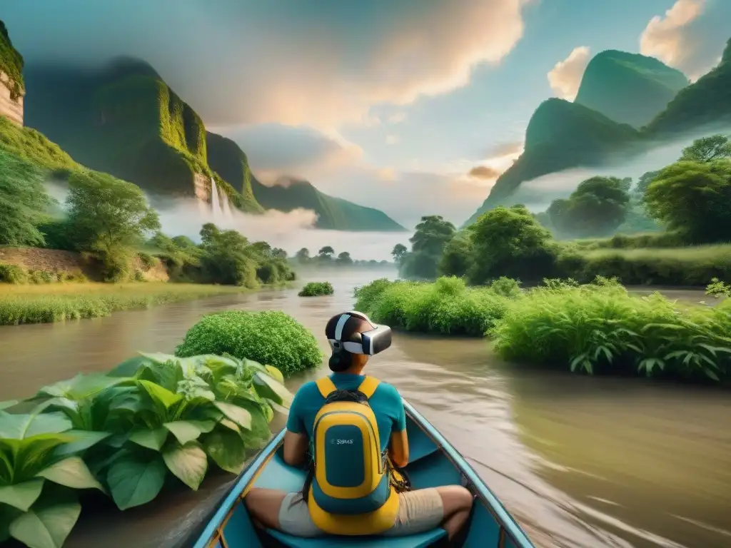 Exploración virtual del río legendario: detalle y emoción Un guía virtual lidera un grupo en una exploración digital de un río legendario