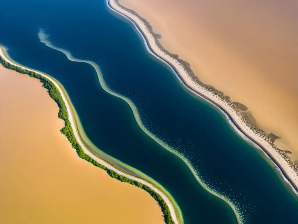 Estuario del Río de la Plata: Confluencia de Aguas Vista aérea de las aguas del estuario del Río de la Plata, mostrando la fusión de colores entre los ríos Paraná y Uruguay con el océano Atlántico, evocando historias y leyendas del río Plata