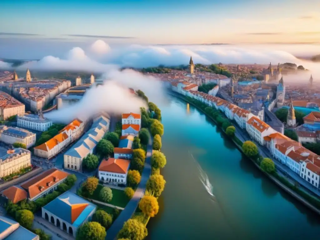 Migración y diversidad en la ciudad: vista aérea impresionante Vista aérea de una bulliciosa ciudad fluvial con diversidad de personas en movimiento, reflejando migraciones y diversidad urbana