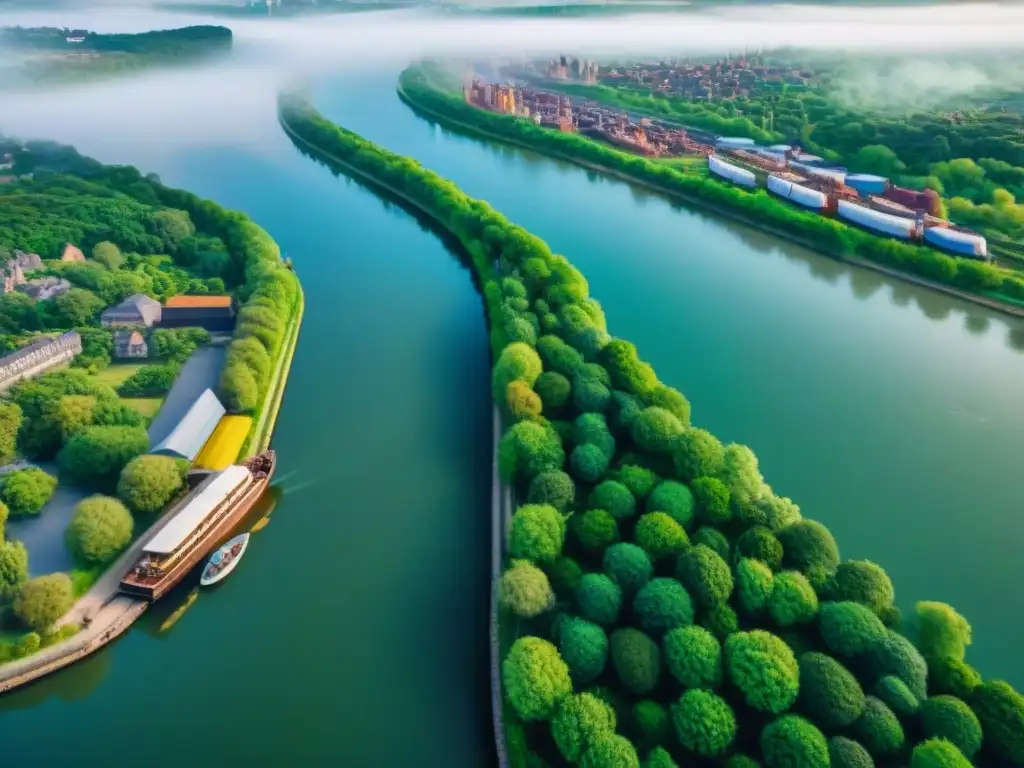 Puerto fluvial: armonía entre naturaleza y actividad humana Vista aérea de un bullicioso puerto fluvial con barcos atracados, rodeado de vegetación exuberante y una ciudad al fondo