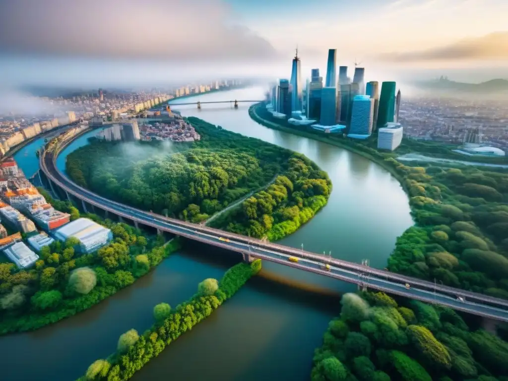 Contraste urbano: Río serpenteante entre rascacielos Vista aérea de una ciudad junto a un río, ilustrando la transformación económica de los ríos legendarios