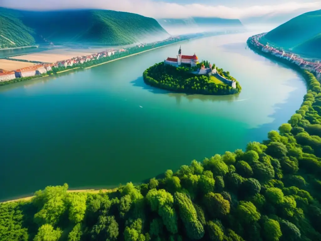 Danubio: historia y belleza en un vuelo cautivador Vista aérea del Danubio serpenteando entre paisajes verdes, con castillos históricos en colinas