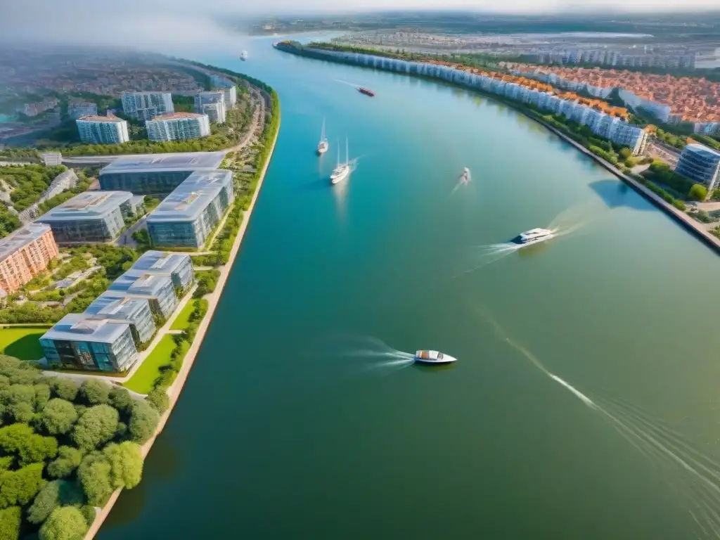 Desarrollo urbano junto al río: modernidad y naturaleza en armonía Vista aérea de desarrollo inmobiliario en ríos emblemáticos, con modernos edificios y espacios verdes