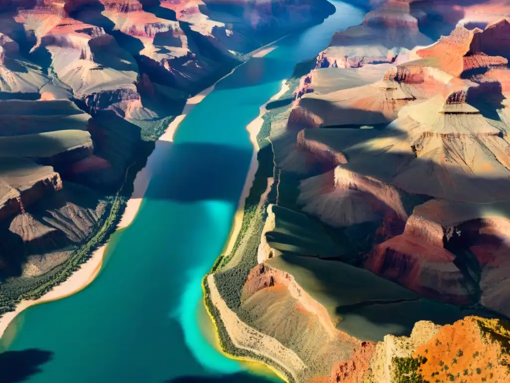 Espléndido cañón del río Colorado: colores y sombras Una vista aérea detallada del río Colorado serpenteando por el majestuoso Gran Cañón, resaltando los colores vibrantes de las formaciones rocosas