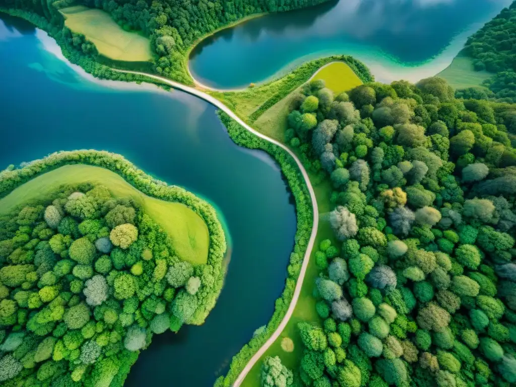 Río serpenteante: red fluvial desde el aire Vista aérea detallada de un sistema fluvial, resaltando la interacción entre el agua y la tierra
