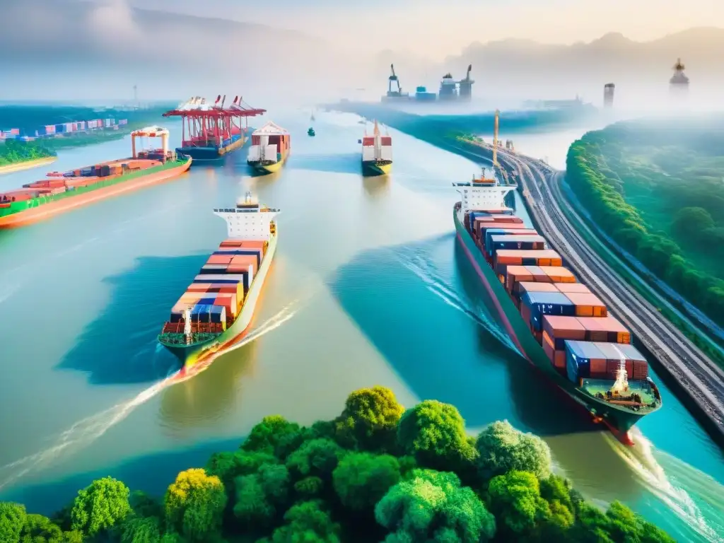 Puerto fluvial: vital comercio en la ciudad Vista aérea impactante de un bullicioso puerto fluvial, resaltando la importancia de los ríos en el comercio y la economía