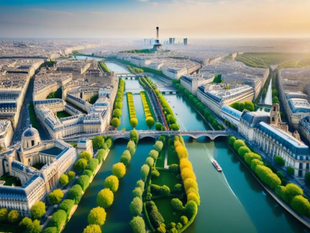 Río Sena: Esencia de París desde las alturas Vista aérea de París con el río Sena serpenteando, resaltando la importancia histórica del río Sena en la ciudad