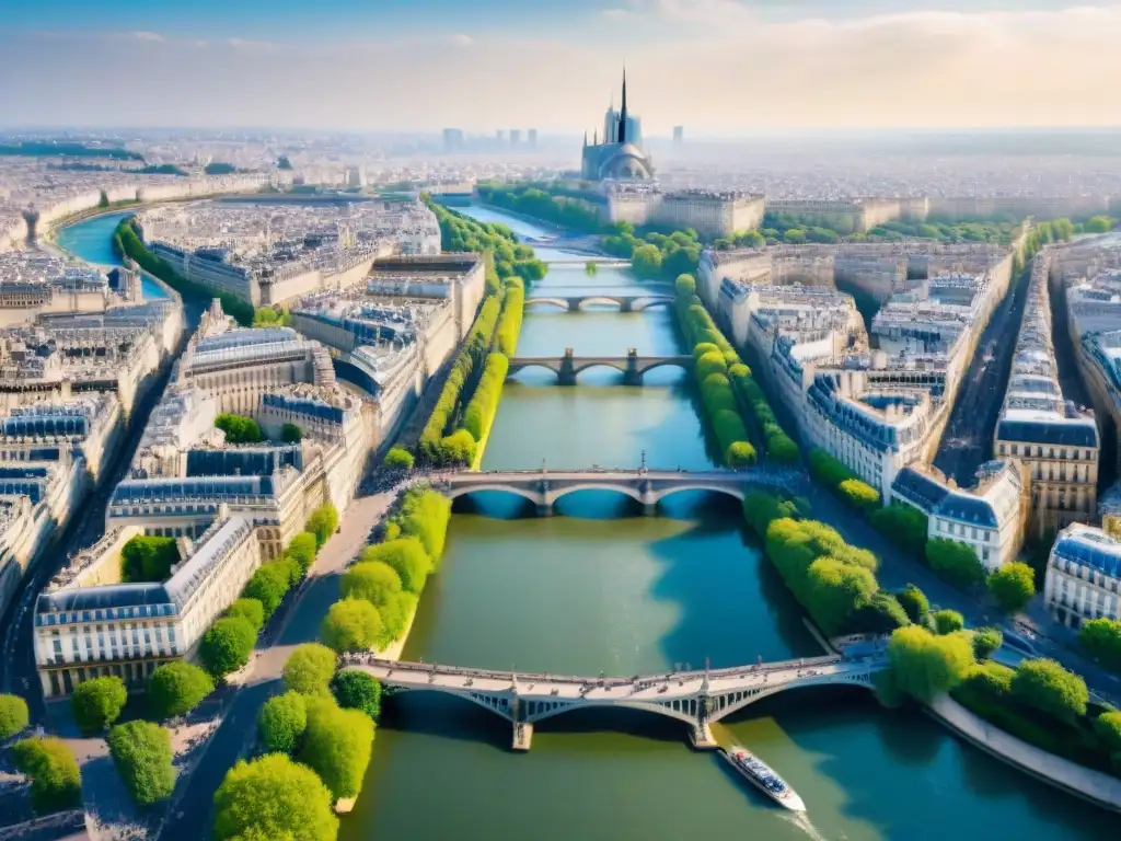 Río Sena: Vista Aérea de París con Monumentos Emblemáticos Vista aérea de París con el río Sena serpenteando, resaltando la importancia histórica del río Sena en la ciudad