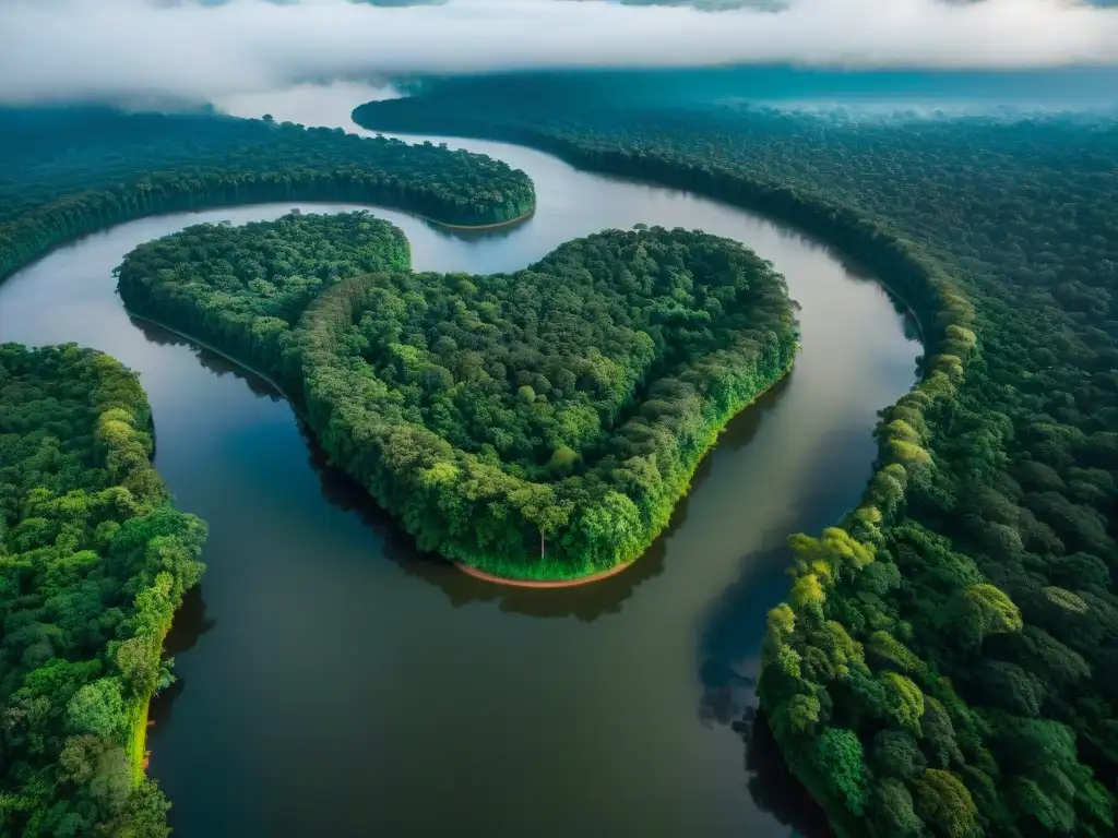 Amazonas: vista aérea impresionante del río en la selva Vista aérea impresionante del río Amazonas serpenteando entre exuberante selva, reflejando el dosel verde