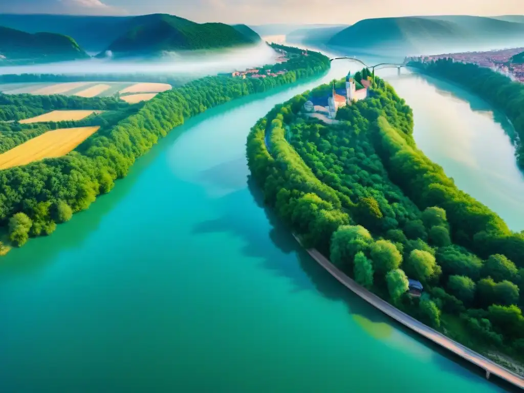 Espléndido Danubio: puentes históricos, aguas turquesas y paisajes verdes Vista aérea impresionante del Danubio serpenteando entre paisajes verdes, puentes históricos y barcos