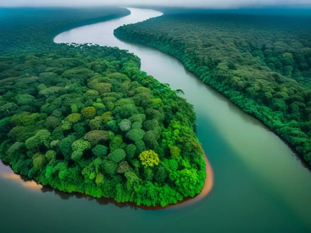 Amazonas: belleza y misterio del río icónico Vista aérea impresionante del río Amazonas serpenteando entre la exuberante selva, revelando los secretos de los ríos emblemáticos