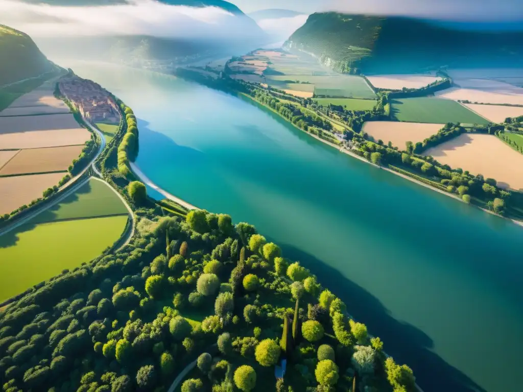 Vista aérea del majestuoso Río Ródano: historia y belleza natural Vista aérea impresionante del majestuoso río Ródano serpenteando entre paisajes franceses y suizos, capturando la historia y la belleza natural