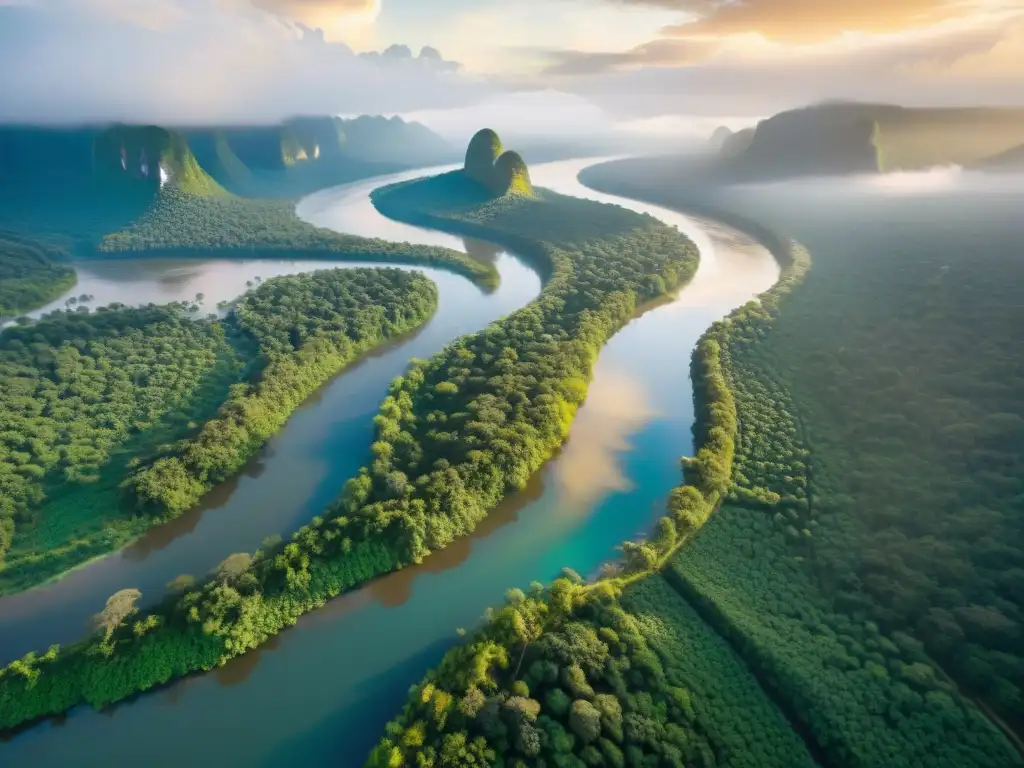 Río serpenteante: vida indígena entre la selva y el sol Vista aérea impresionante de un río serpenteante en la selva con comunidades indígenas en actividades de pesca y transporte