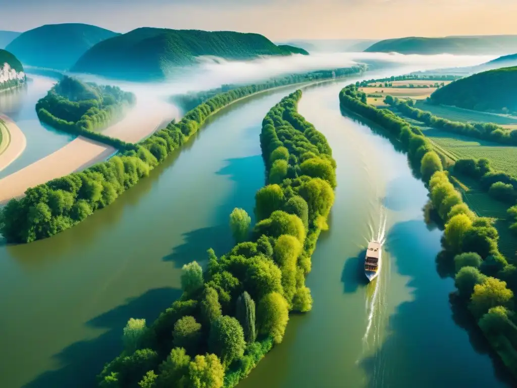 El Danubio: ruta migratoria desde la antigüedad Vista aérea impresionante del río Danubio entre verdes paisajes, evocando historias de migración en ríos