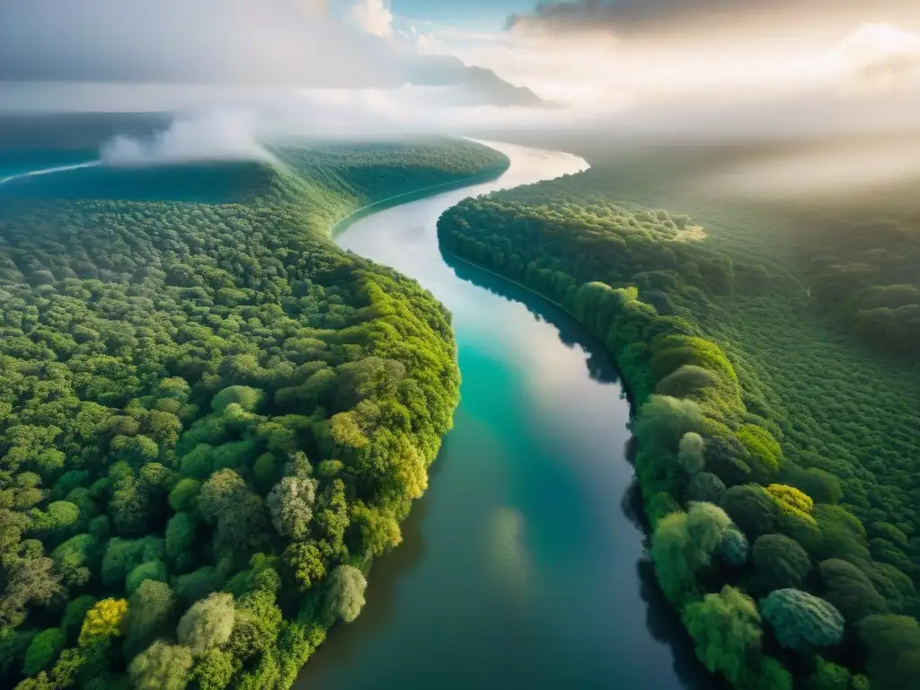 Río majestuoso: belleza natural en estado puro Vista aérea impresionante de un río majestuoso serpenteando por bosques verdes, resaltando la importancia de conservación de ríos emblemáticos