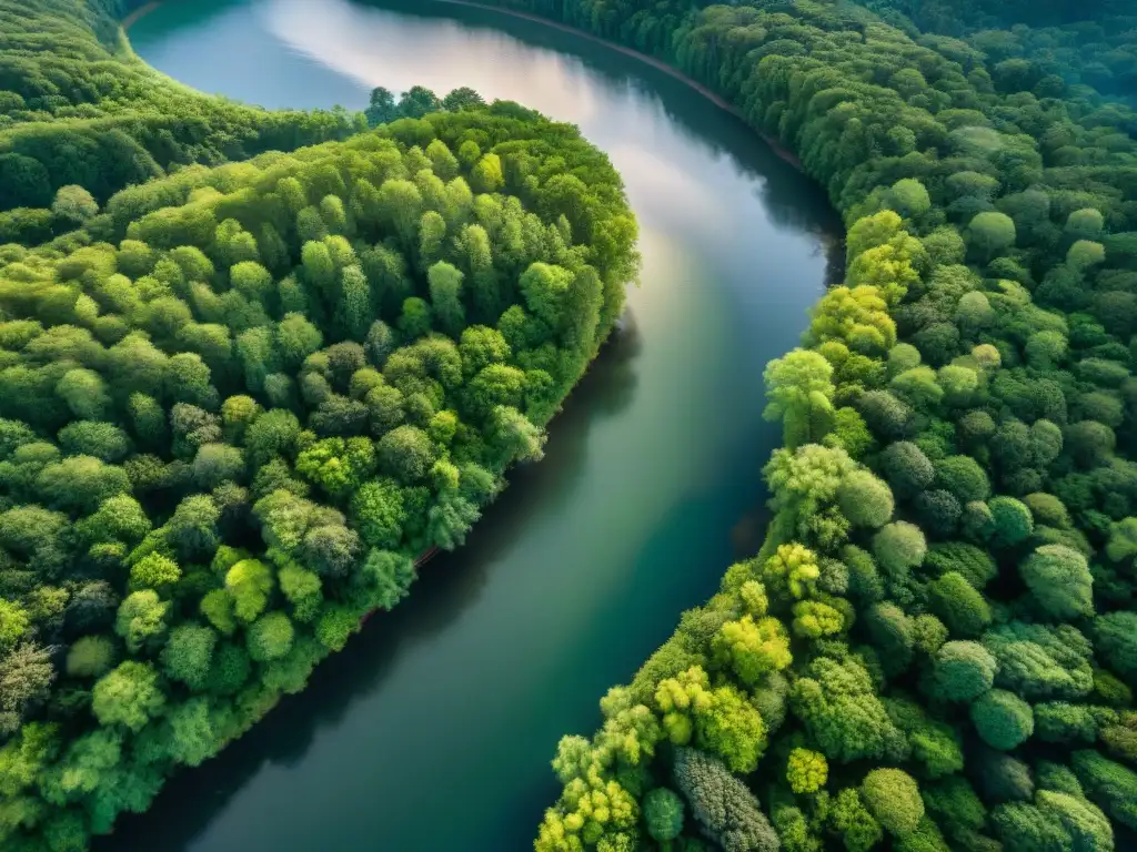 Río serpenteante entre exuberantes bosques: luz y sombra en armonía Vista aérea impresionante de un río serpenteante entre bosques verdes, con la luz solar creando un mágico juego de luces y sombras en el agua