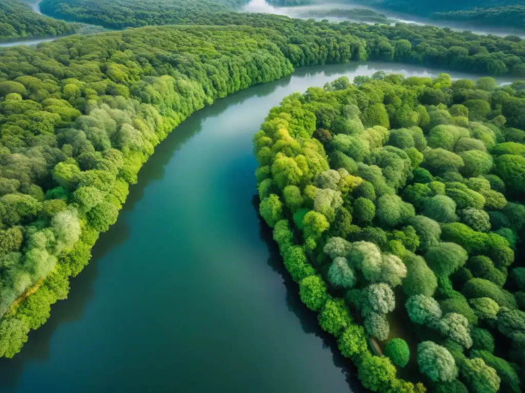 Río serpenteante: belleza natural desde el aire Vista aérea impresionante de un río serpenteante entre bosques verdes, capturada por un dron