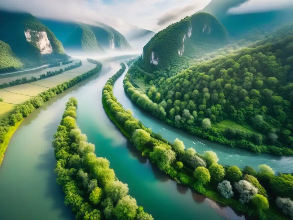 Río serpenteante: belleza natural capturada por dron Vista aérea impresionante de un río serpenteando entre un paisaje exuberante, capturada por un dron