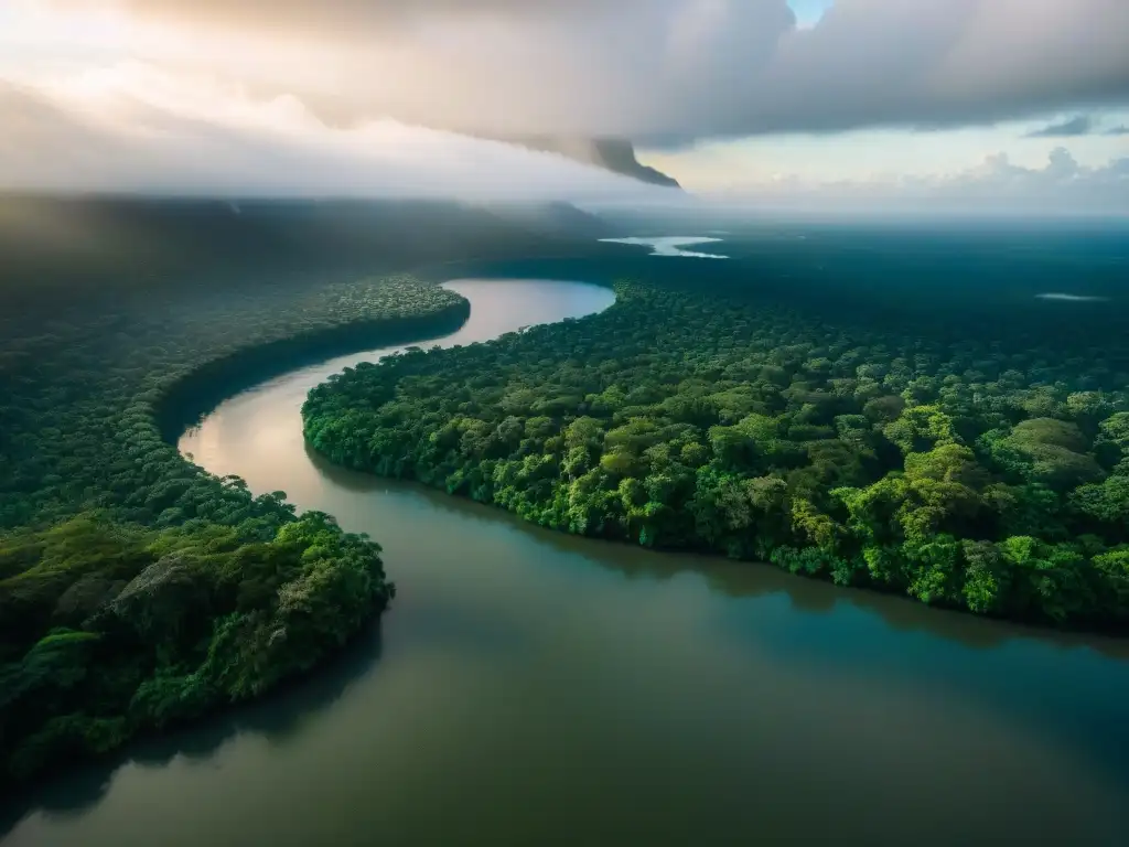 Amazonas: Serenidad y luz en la selva Vista aérea del legendario río Amazonas serpenteando entre la exuberante selva, con juego de luces y sombras en el agua