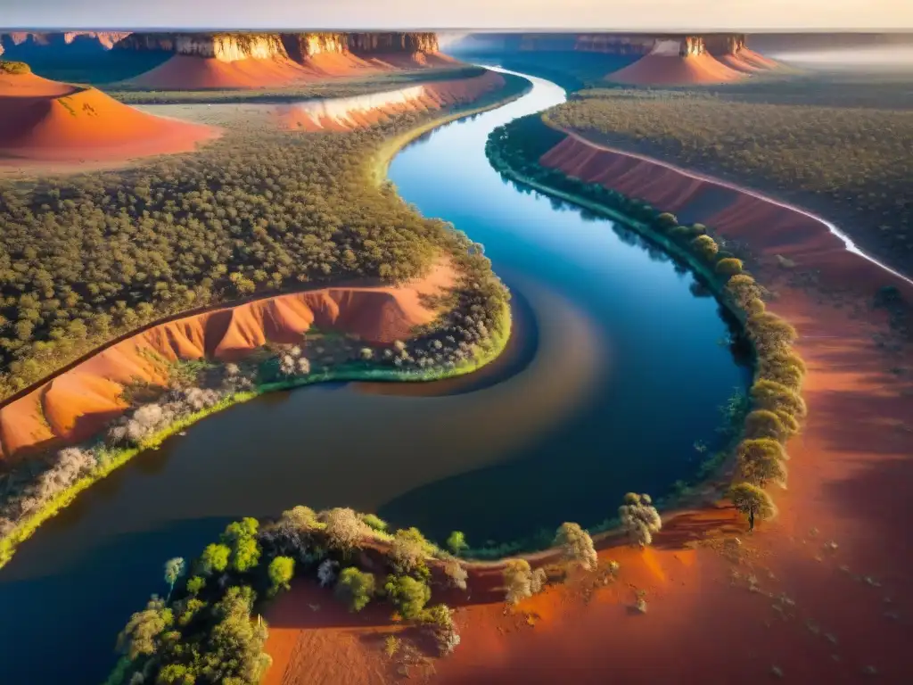 Majestuoso atardecer en el río Murray: oasis en el outback australiano Vista aérea del mágico río Murray en la mitología del outback australiano, entre exuberante vegetación y desierto rojo al atardecer