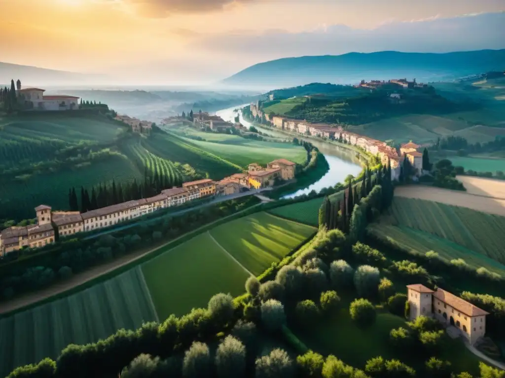 Río Arno serpenteando por la Toscana: paisaje pintoresco Vista aérea del Río Arno serpenteando en el paisaje toscano con puentes y aldeas, evocando la literatura italiana renacentista