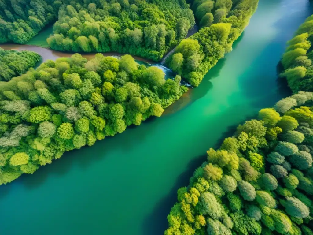 Río sinuoso: belleza natural capturada por drone Vista aérea de un río majestuoso serpenteando entre bosques verdes, capturada por un dron