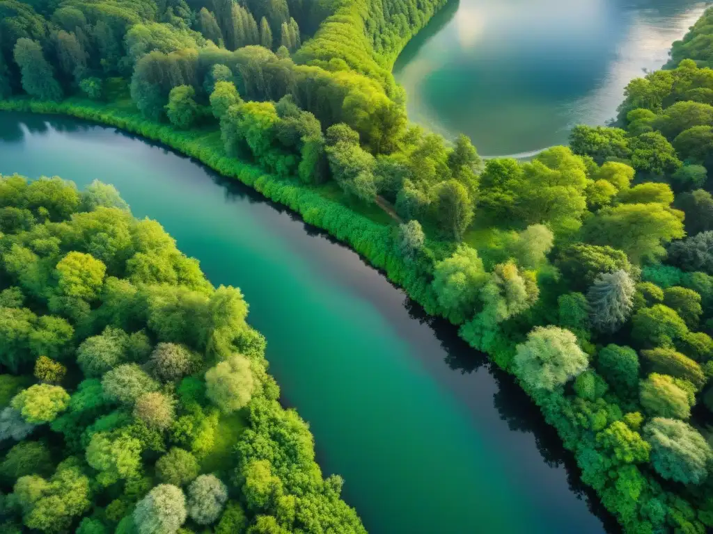 Río majestuoso serpenteando entre exuberantes bosques Vista aérea de un río majestuoso serpenteando entre exuberantes bosques verdes, resaltando la importancia de proteger nuestros ríos