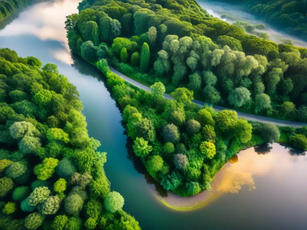 Río majestuoso: belleza natural desde las alturas Vista aérea de un río majestuoso entre exuberante vegetación, reflejando la luz del sol