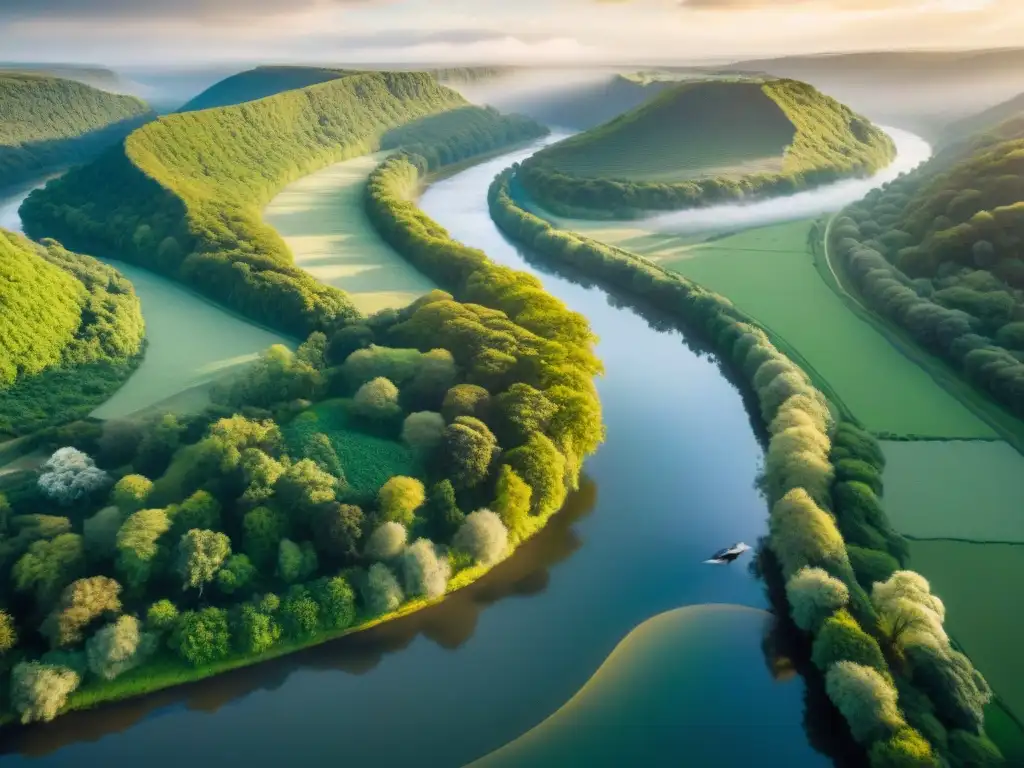Río mítico: belleza y biodiversidad en la naturaleza Vista aérea de río majestuoso en bosque verde, con sol dorado reflejado en agua y vida silvestre