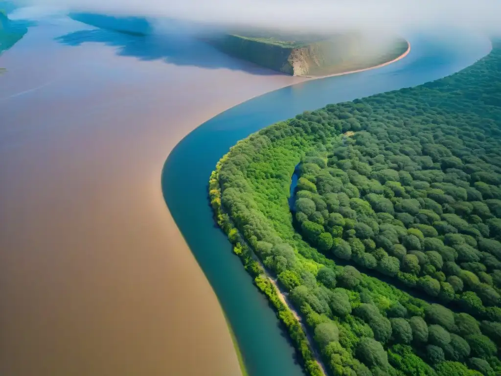 Confluencia del Río de la Plata y el Océano Atlántico Vista aérea del Río de la Plata mostrando la fusión de aguas marrones y azules, entre naturaleza y ciudad
