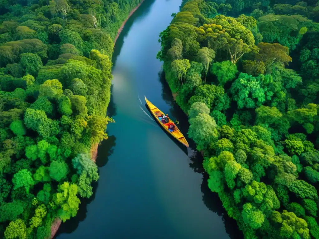 Río majestuoso serpenteando la selva: vida indígena y luz Vista aérea de un río serpenteando por la selva, donde comunidades indígenas conviven en armonía