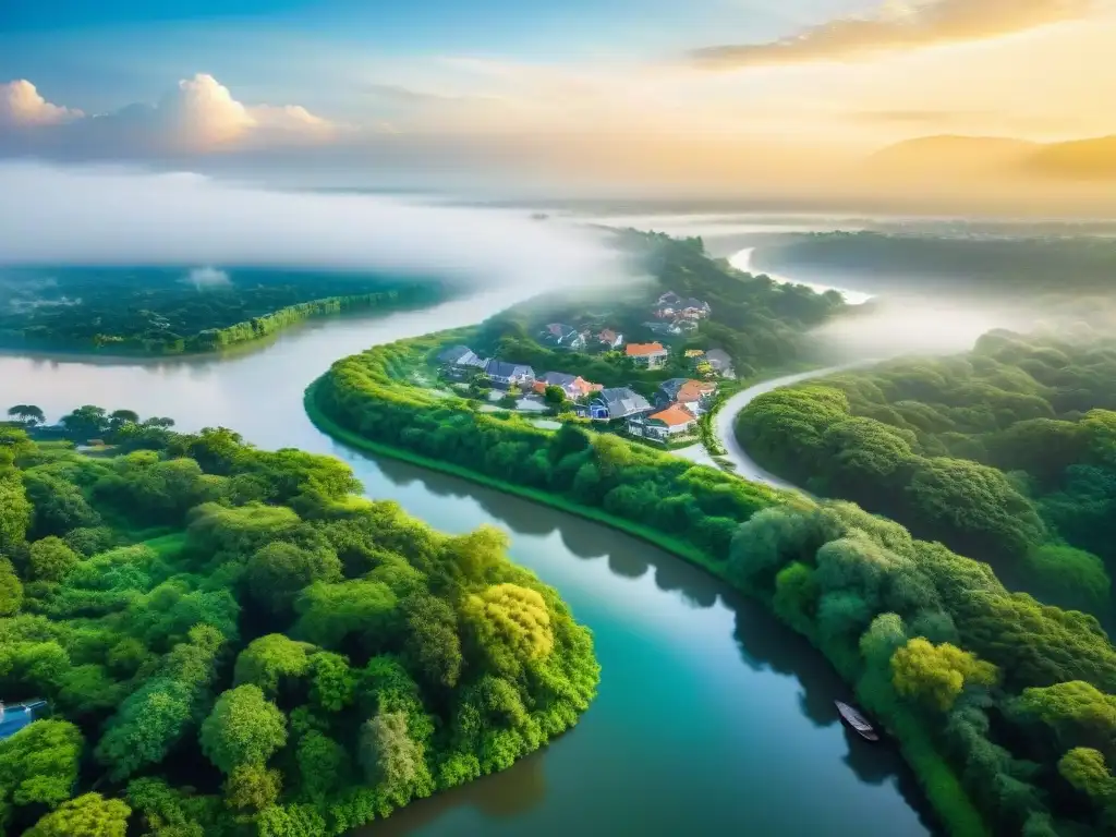 Río serpenteante: naturaleza y lujo en armonía Vista aérea de un río serpenteante rodeado de exuberante naturaleza, con propiedades de lujo en una orilla y belleza natural en la otra
